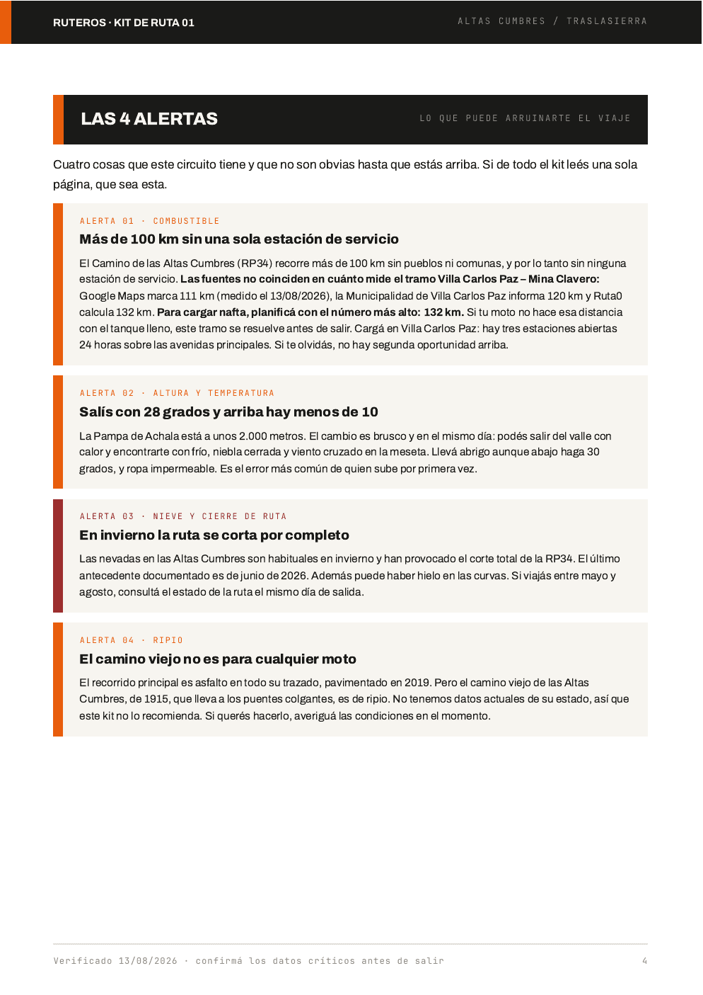 Vista de alertas e información importante de una guía RUTEROS